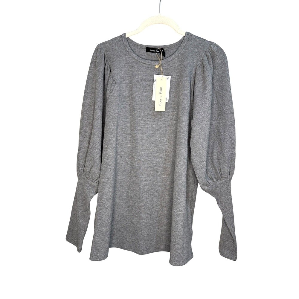 Doe & Rae Shirt Womens Medium Gray Puff Sleeve Crewneck Stretch Knit Top